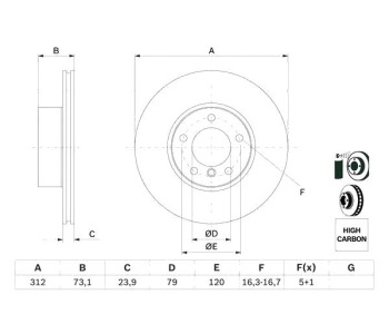 Спирачен диск вентилиран Ø312mm BOSCH за BMW 1 Ser (F20) от 2010