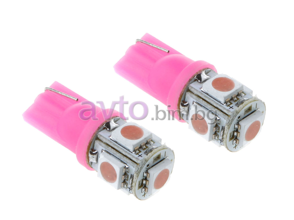 Диодни габарити розови Т10 W5W с 5 SMD диода (комплект 2 броя) - Диодни  габарити