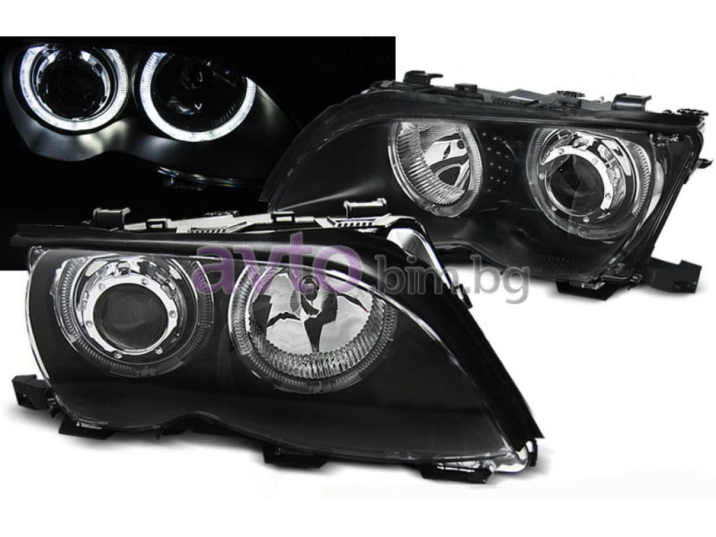 Тунинг фарове електрически (ляв+десен) H7+H7 LED Angel eyes черни за BMW 3  Ser (E46) комби от 2001 до 2005